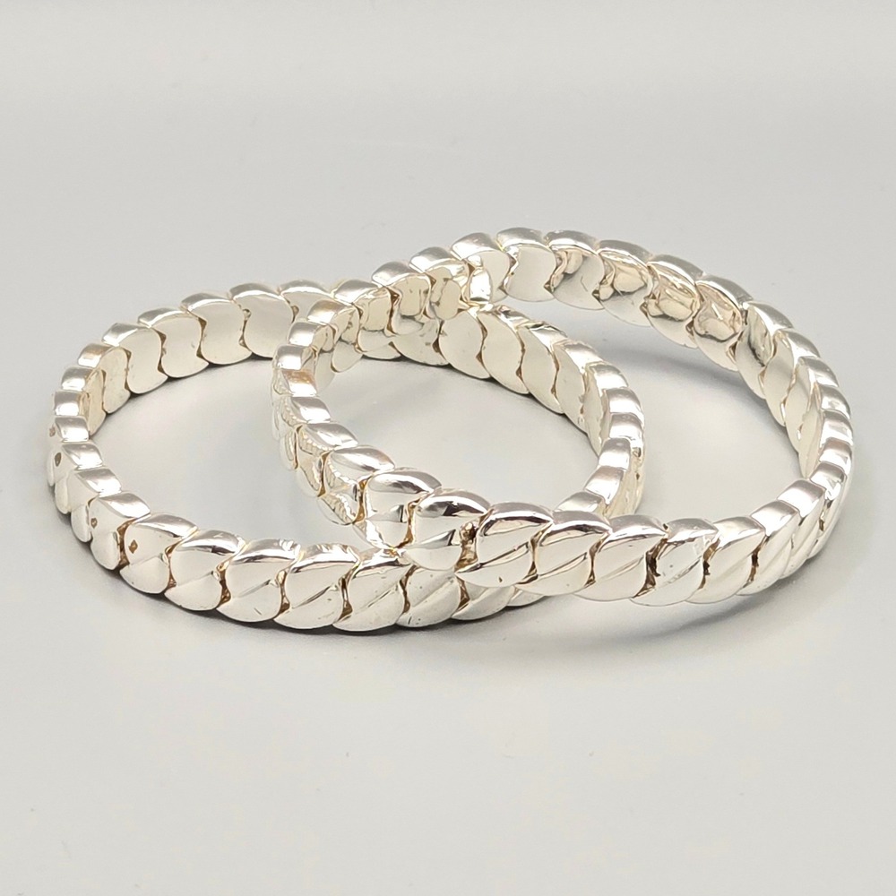 Set‎ of 2 Silver Tone Chevron Link Stretch Bracelets Polished Metal Set
